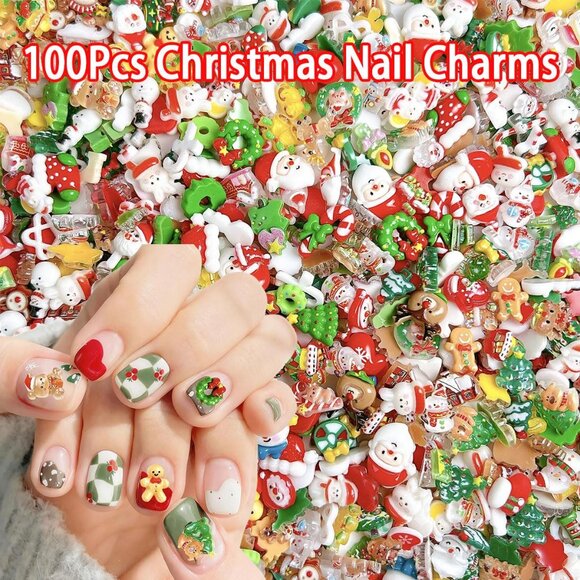 100Pcs Christmas Nail Charms, 3D Resin Gingerbread, Santa & Xmas Tree Decoration - Picture 2 of 6